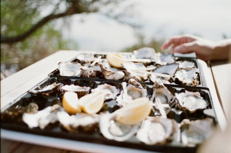 Delicious fresh oysters served with lemon on open-air tray, highlighting seafood delight.