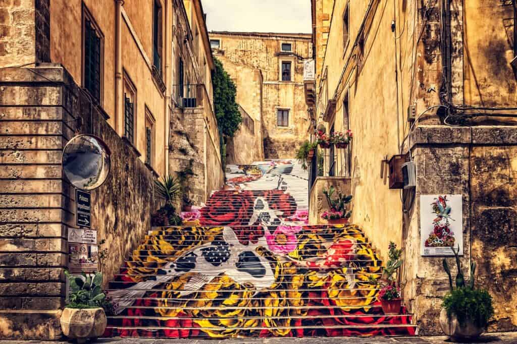 sicily, noto, historic center, italy, street art, alley, architecture, house facades, stairs, graffiti, multicoloured, art, carp, koi carp, fantasy, city, idyll, houses, old, quaint, idyllic, painting, sicily, sicily, sicily, sicily, sicily