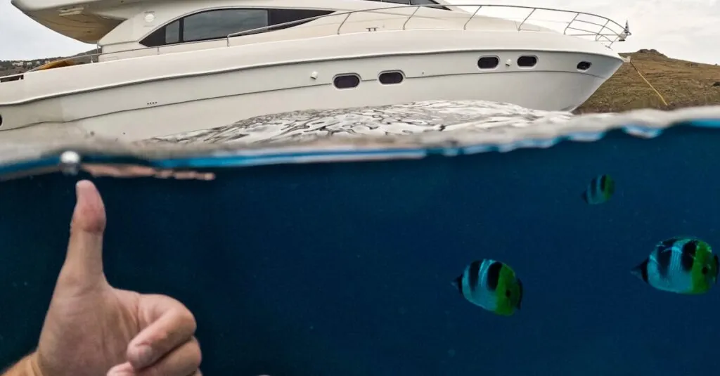 Unique perspective of snorkeling near a luxury yacht in clear waters with vibrant fish.