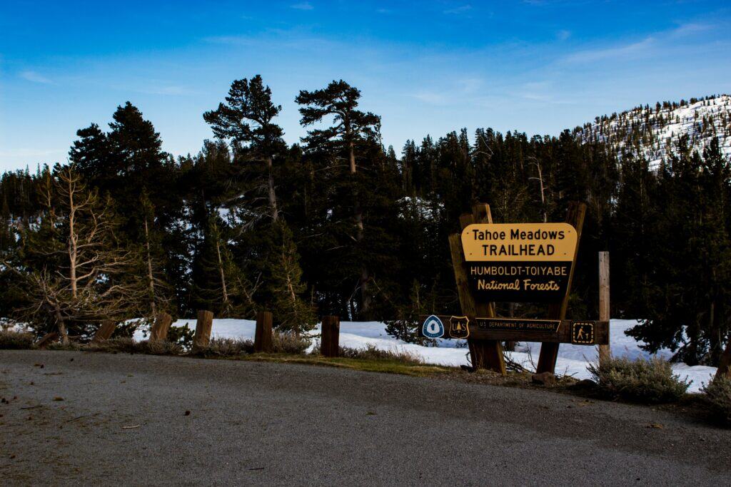 Explore the scenic Tahoe Meadows Trailhead covered in winter snow with towering trees against a blue sky.
