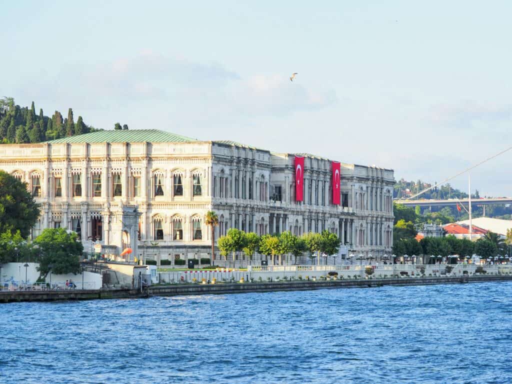 Elegant Çırağan Palace on the Bosporus in Istanbul, Turkey, viewed from the water.