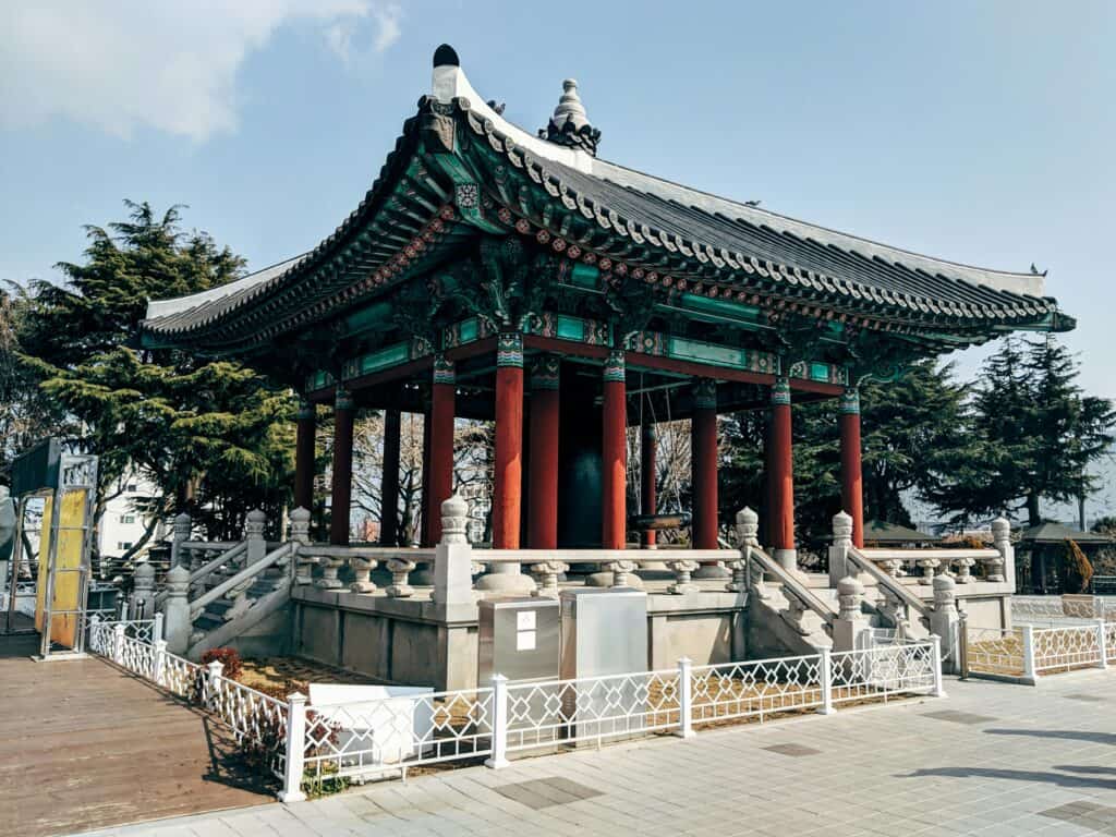 Beautiful traditional Korean pavilion architecture in Busan, a famous travel destination.