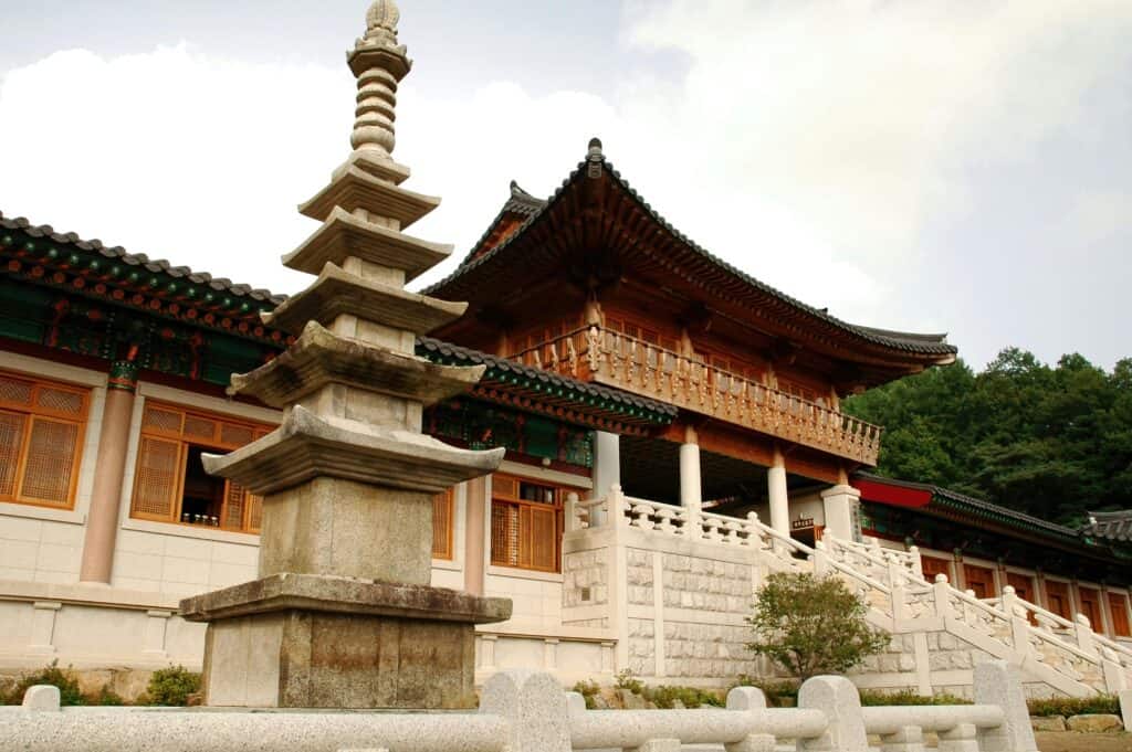 Serene view of a traditional Korean temple with a stone pagoda in Hapcheon, South Korea.