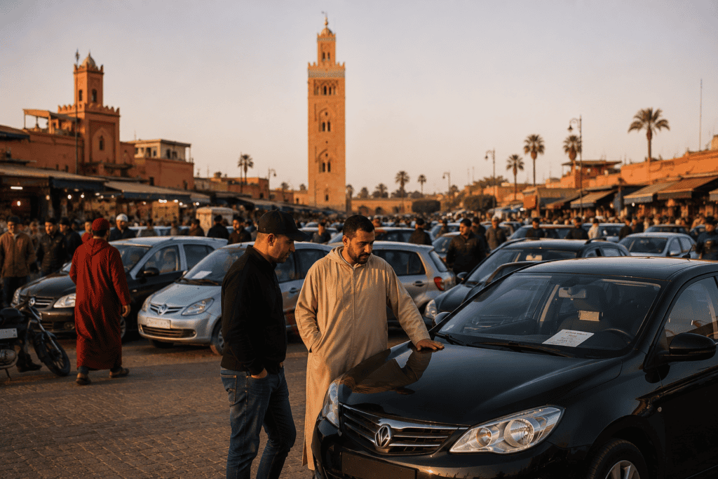 morocco, men stading by a car in the middle of marakech