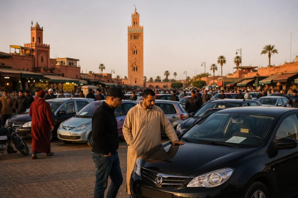 morocco, men stading by a car in the middle of marakech
