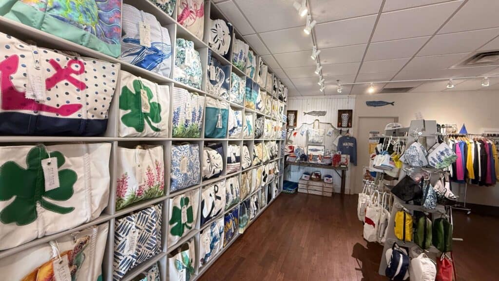 sea bags, bags on shelves, the sea bags shop in Maine
