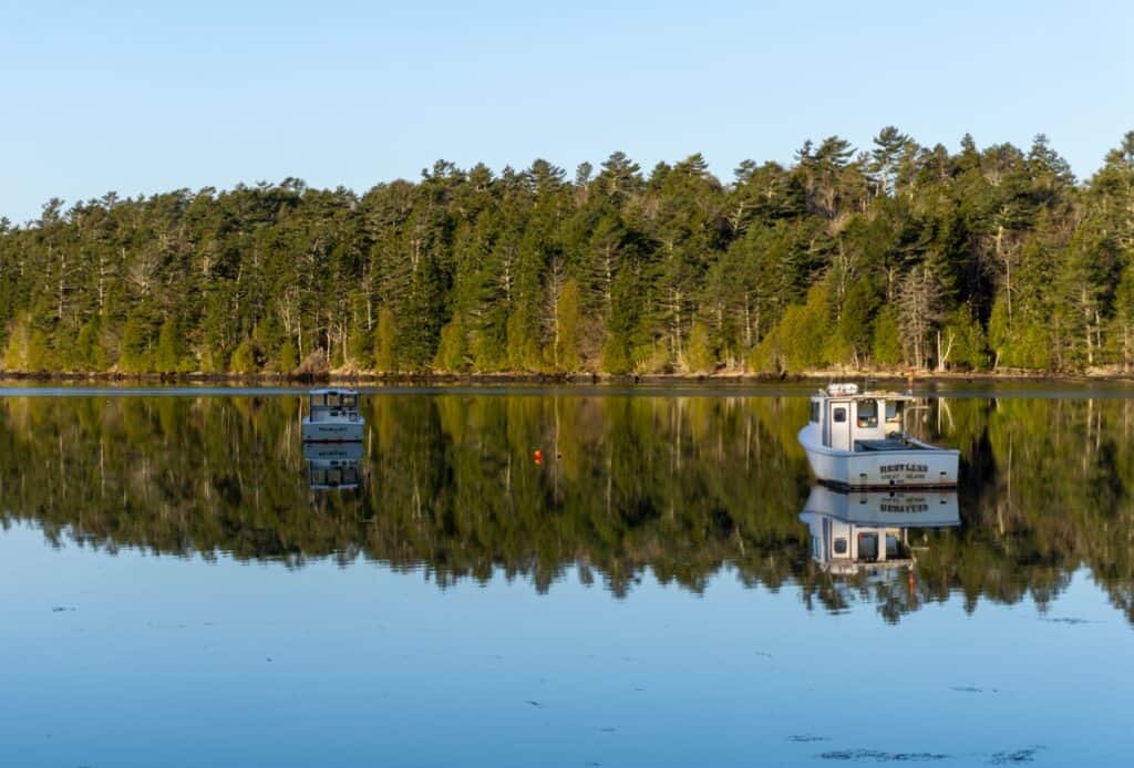 Tranquil scene of fishing boats on a calm lake reflecting a lush forest under a clear sky.