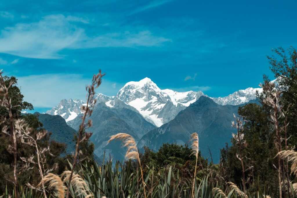 A breathtaking view of Mount Cook with snow-capped peaks and lush green foreground in New Zealand.